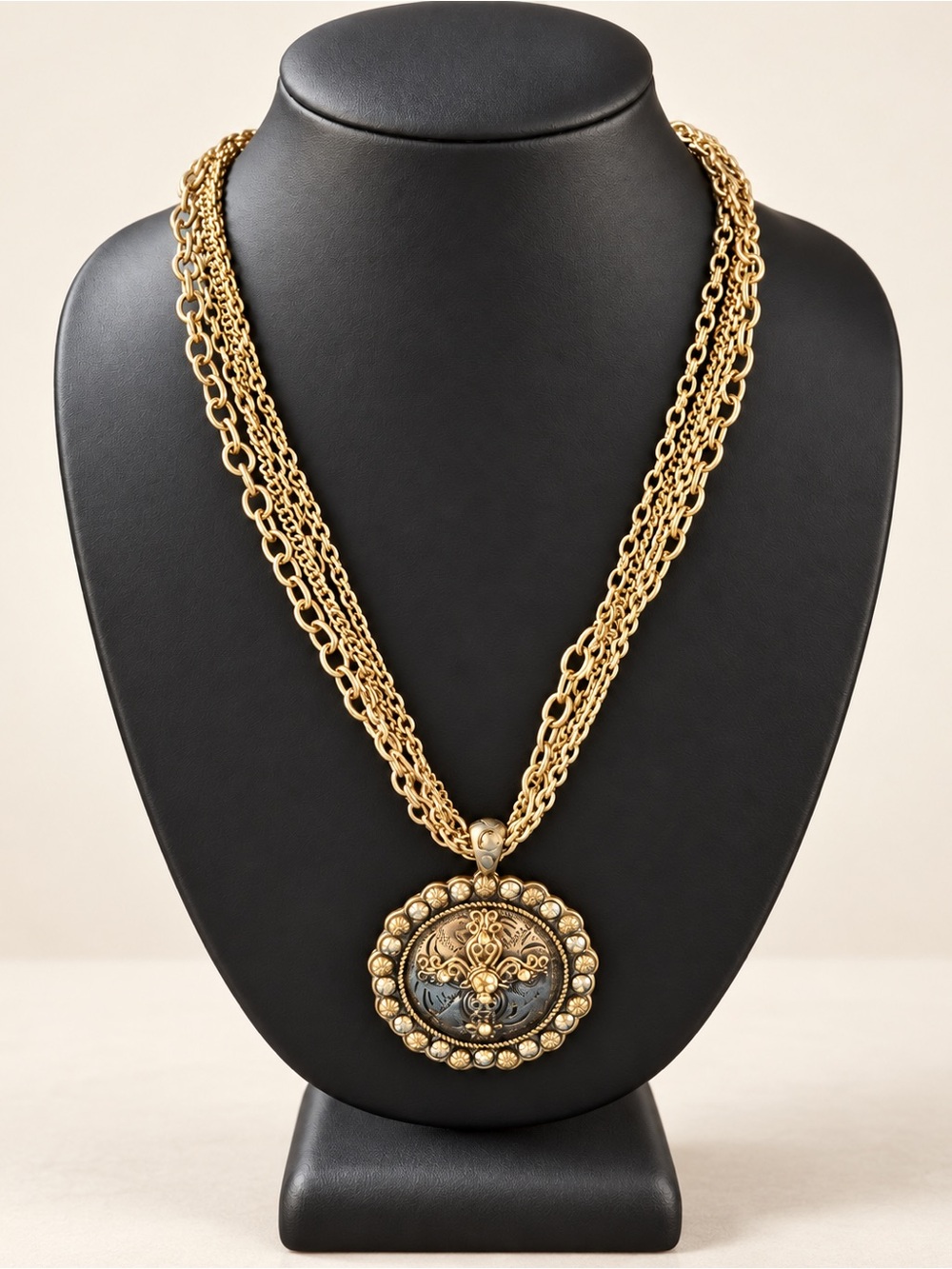Vintage Unica Multi Strand Silver Tone Rhinestone Medallion Necklace